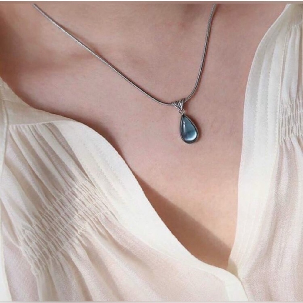 Silver Plated Stainless Steel Blue Teardrop Pendant Necklace